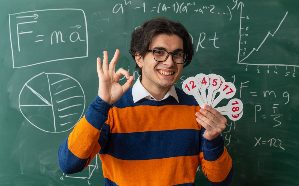 Math teacher holding number cards illustrating easy mental math tricks.