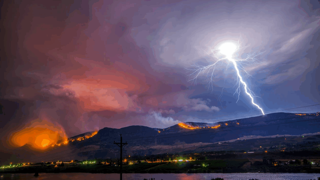 Intense lightning bolt with glowing orb, illustrating the rare ball lightning phenomenon.